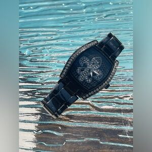 *NEW BATTERY* BKE watch fleur-de-lis Lily Saints Rhinestone Gunmetal Black Steel